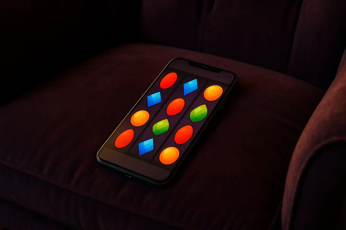 Phone on a velvet chair with a slot game on screen